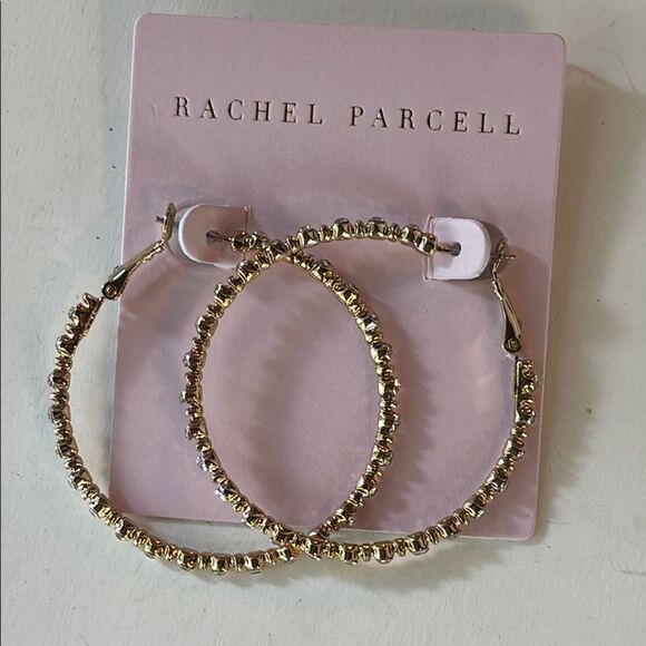 NWT Rachel Parcell Gold Tone Rhinestone Clear Crystal Hoop Earrings - Picture 1 of 4